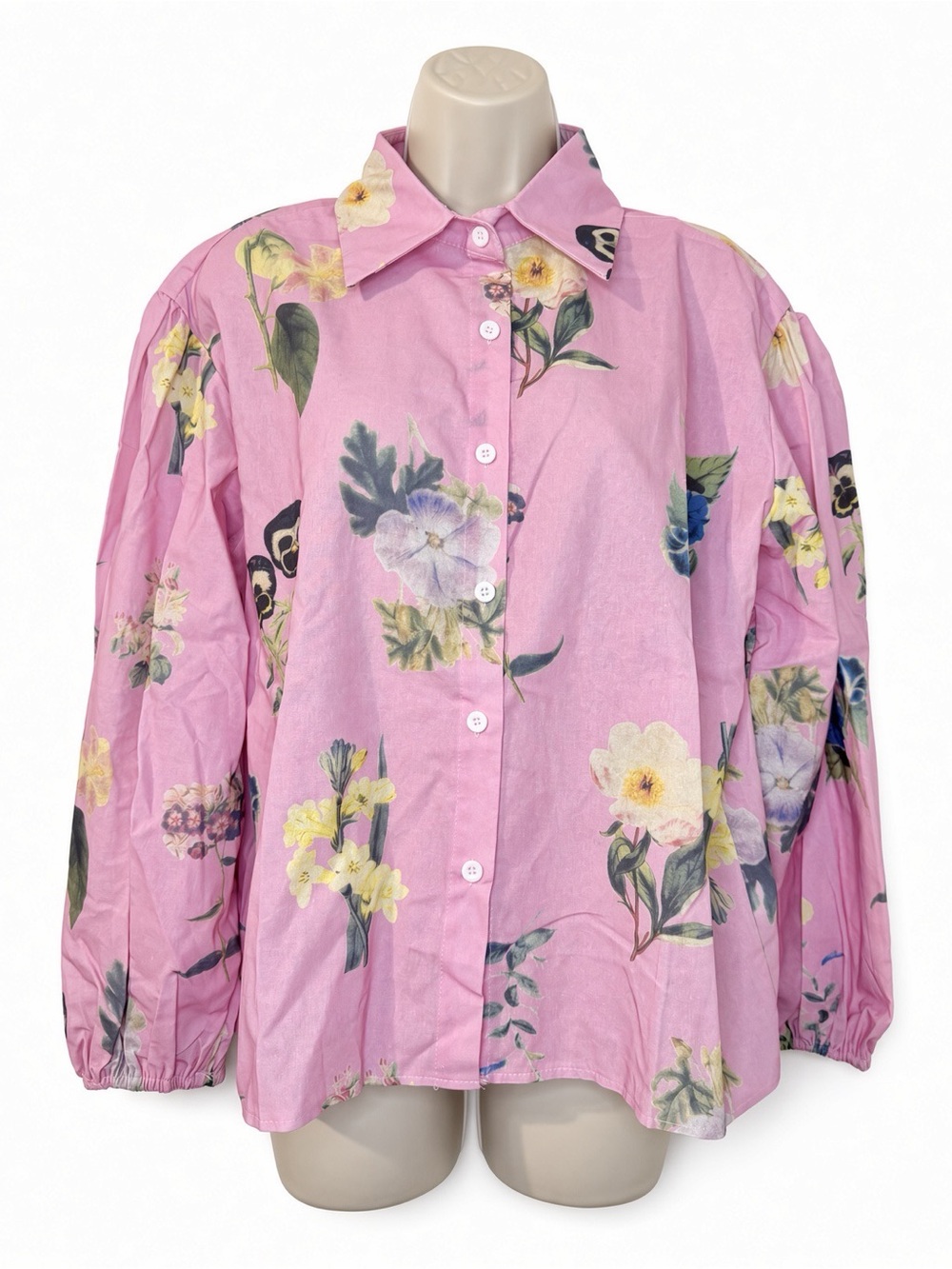 S Pink Botanical Floral Puff Sleeve Button Down Cottagecore Blouse